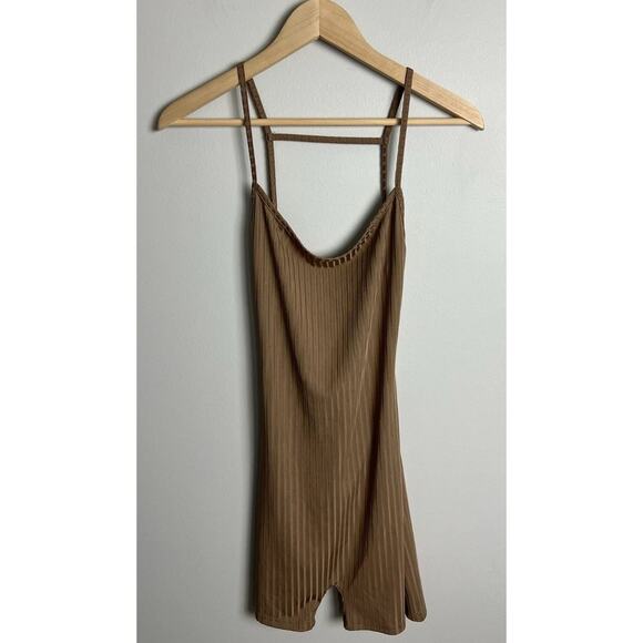 Shein Brown Ribbed Knit Bodycon Romper Strappy Open Back Size Medium Women's - Picture 1 of 4